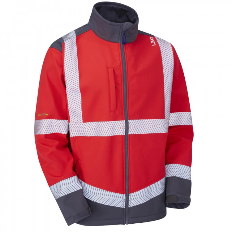 Leo Workwear SJ02-R/GY-LEO Bowden ISO 20471 Class 2 Softshell Jacket Red/Grey